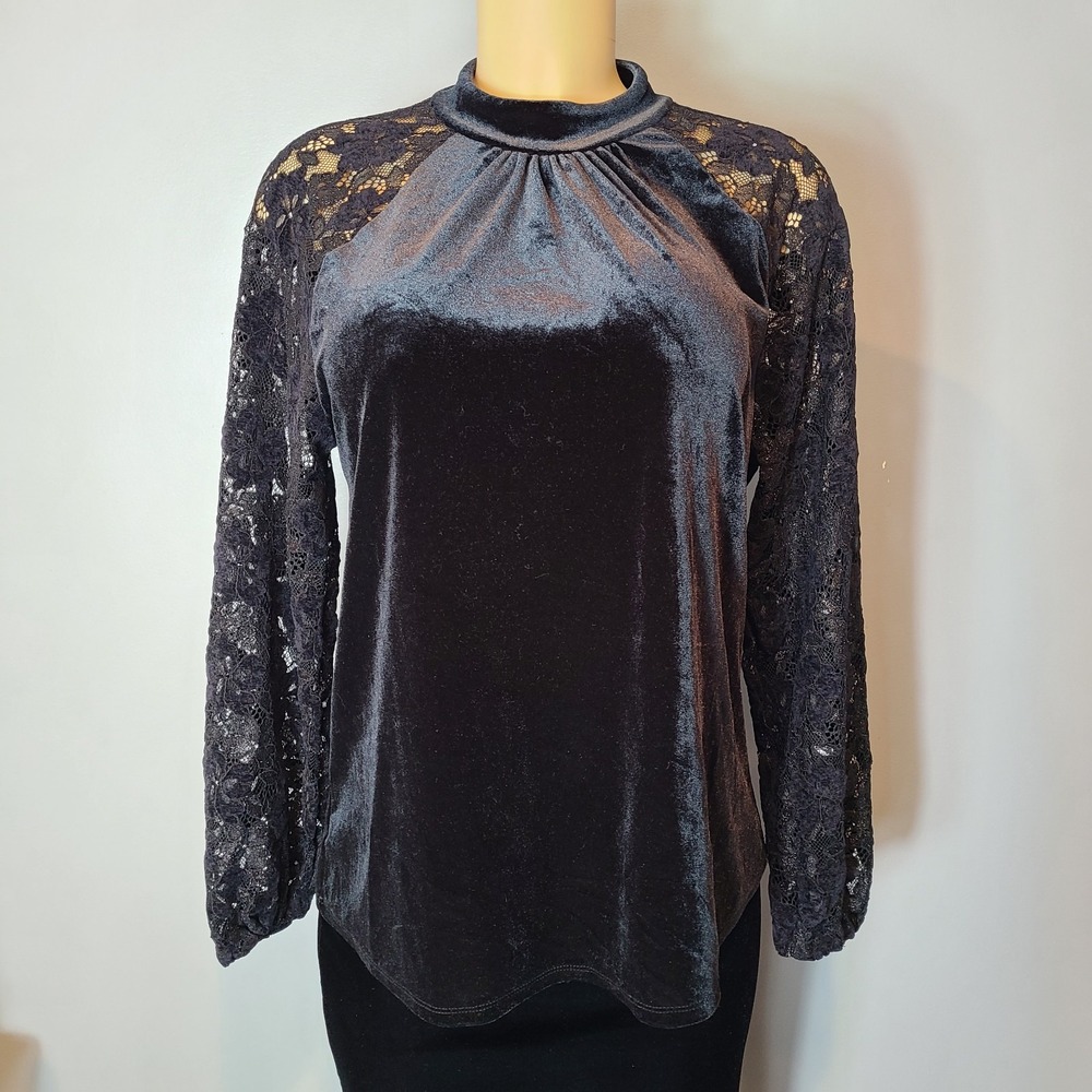 Poet Top Velvet Lace Sleeve Women Sz Large Floral Whimsigoth Black Fairy Sparkle